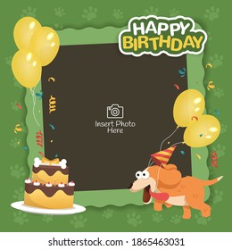 Happy birthday frame with dog and birthday cake illustration