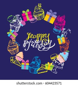 Happy birthday frame with doodle present, cupcakes, macaroon.