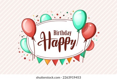 Happy birthday frame. Greeting card with balloons on light background. Сongratulatory frame