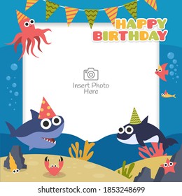 Happy birthday frame with sea animal cartoon character. Suitable for kids birthday celebration