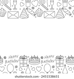 Happy birthday frame. Seamless birthday background. Illustration with cake, gift box, party hat, balloons.