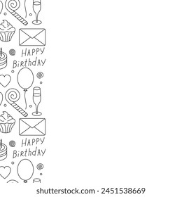 Feliz cumpleaños. Fondo de cumpleaños sin costuras. Ilustración con pastel, caja de regalo, sombrero de fiesta, globos.
