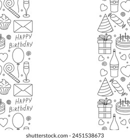 Feliz cumpleaños. Fondo de cumpleaños sin costuras. Ilustración con pastel, caja de regalo, sombrero de fiesta, globos.