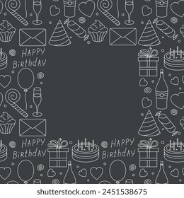 Happy birthday frame. Seamless birthday background. Illustration with cake, gift box, party hat, balloons.