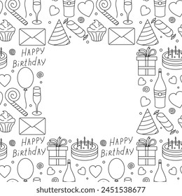 Happy birthday frame. Seamless birthday background. Illustration with cake, gift box, party hat, balloons.