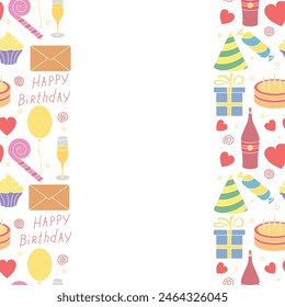 Happy birthday frame. Seamless birthday background. Illustration with cake, gift box, party hat, balloons.