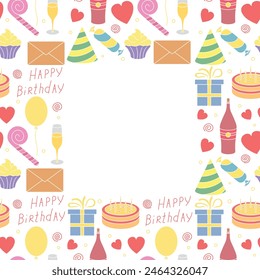 Happy birthday frame. Seamless birthday background. Illustration with cake, gift box, party hat, balloons.