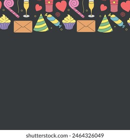 Feliz cumpleaños. Fondo de cumpleaños sin costuras. Ilustración con pastel, caja de regalo, sombrero de fiesta, globos.