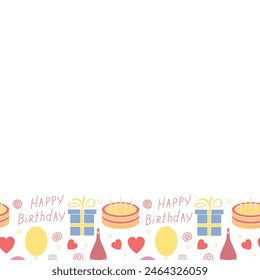 Happy birthday frame. Seamless birthday background. Illustration with cake, gift box, party hat, balloons.