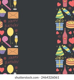 Happy birthday frame. Seamless birthday background. Illustration with cake, gift box, party hat, balloons.