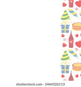 Feliz cumpleaños. Fondo de cumpleaños sin costuras. Ilustración con pastel, caja de regalo, sombrero de fiesta, globos.