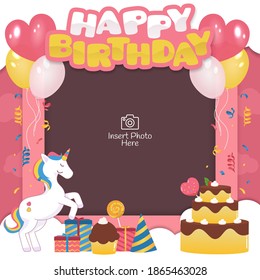 Happy birthday frame with unicorn character and cakes illustration