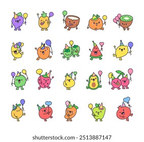 Happy birthday fruit. Funny cartoon character at party. Hand drawn style. Vector drawing. Collection of design elements.