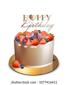 Happy birthday fruits cake Vector realistic. Anniversary, wedding, ceremony modern desserts. Golden cake with berry fruit
