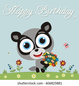 Happy birthday! Funny badger with flowers. Greeting card.
