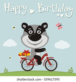 Happy birthday! Funny badger on bike with gifts in cartoon style