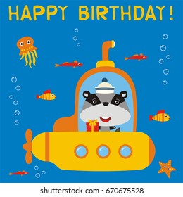 Happy birthday! Funny badger in submarine with gift. Greeteng card.