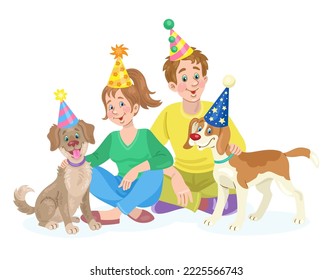 Happy birthday! Funny boy and cute girl are sitting with their favorite dogs in  party hats. In cartoon style. Isolated on white background. Vector flat illustration.