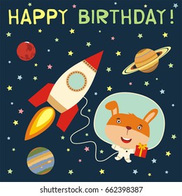 Happy birthday! Funny bunny rabbit with gift in spacesuit next to rocket in space. Greeting card.