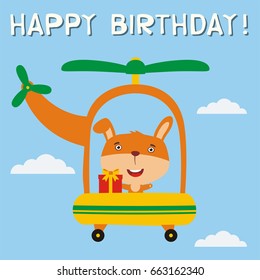 Happy birthday! Funny bunny rabbit with gift flying on helicopter. Greeting card.