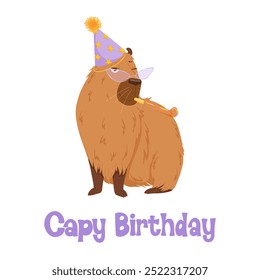 Feliz cumpleaños divertido capibara. Diseño de personaje de capibara de dibujos animados para mascota, pegatinas, impresión, tarjetas de cumpleaños. Lindo capibara con sombrero de fiesta, golpe de fiesta. Divertido personaje capibara