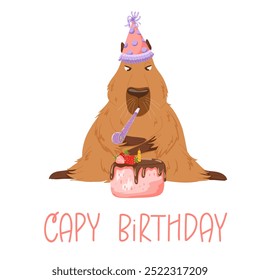 Feliz cumpleaños divertido capibara. Diseño de personaje de capibara de dibujos animados para mascota, pegatinas, impresión, tarjetas de cumpleaños. Lindo capibara con sombrero de fiesta, golpe de fiesta, pastel. Divertido personaje capibara