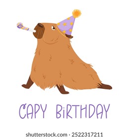 Feliz cumpleaños divertido capibara. Diseño de personaje de capibara de dibujos animados para mascota, pegatinas, impresión, tarjetas de cumpleaños. Lindo capibara con sombrero de fiesta, golpe de fiesta. Divertido personaje capibara