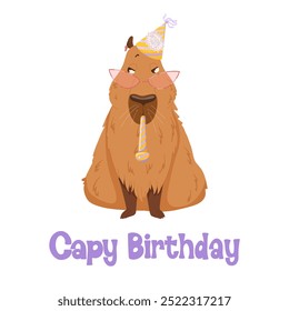 Feliz cumpleaños divertido capibara. Diseño de personaje de capibara de dibujos animados para mascota, pegatinas, impresión, tarjetas de cumpleaños. Lindo capibara con sombrero de fiesta, golpe de fiesta. Divertido personaje capibara