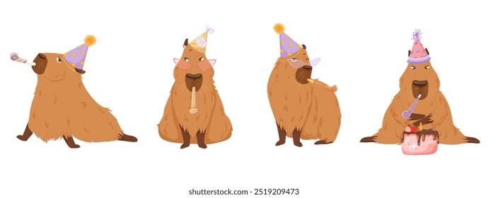 Feliz cumpleaños divertidos capibaras. Diseño de personaje de capibara de dibujos animados para mascota, pegatinas, impresión, tarjetas de cumpleaños. Lindo capibara con sombreros de fiesta, golpes de fiesta, pastel. Divertido personaje capibara