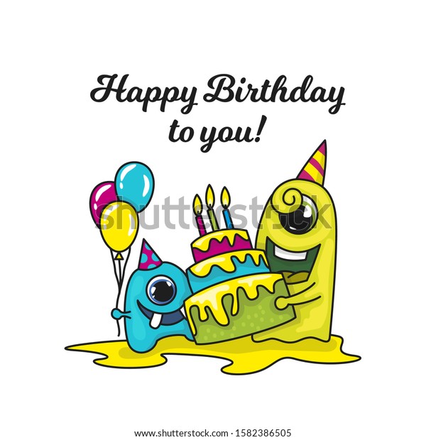 Happy Birthday Funny Cartoon Monsters Cake 스톡 벡터(로열티 프리) 1582386505