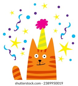 A happy birthday. Funny Cat Birthday Card. Vector image for prints, poster and illustrations.