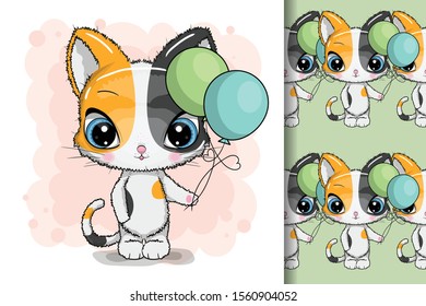 Happy birthday. Funny cat. Design for party card, print, poster. Pet vector illustration. Cartoon doodle animals images. Hand drawn character