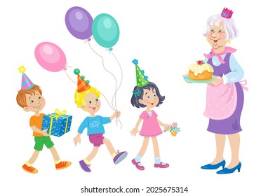 Happy birthday! Funny children congratulate their beloved grandmother with flowers, balloons and gifts. She treats them to cake. In cartoon style. Isolated on white background. Vector illustration.
