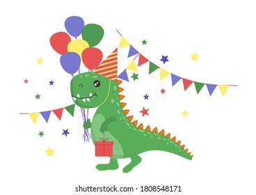 Happy Birthday with a funny dinosaur. Dinosaur with a gift in pastel colors. Vector illustration for cards, banners, posters.
