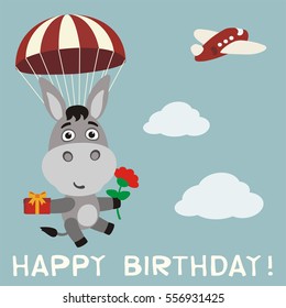 Happy birthday! Funny donkey fly on parachute with gift and flower in cartoon style.