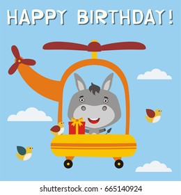Happy birthday! Funny donkey with gift flying on helicopter. Greeteng card.