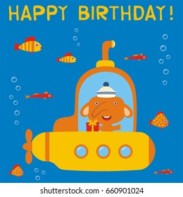 Happy birthday! Funny elephant in submarine with gift. Greeting card.