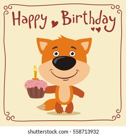 Happy birthday! Funny fox with cake. Greeting card.