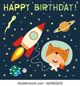Happy birthday! Funny fox with gift in spacesuit next to rocket in space. Greeting card.