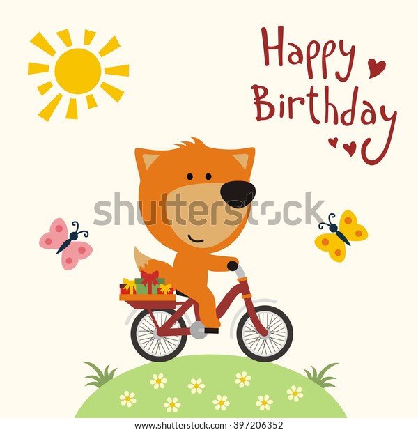 Happy Birthday Funny Fox On Bicycle Stock Vector Royalty Free