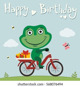 Happy birthday! Funny frog on bike with gifts. Greeting card.