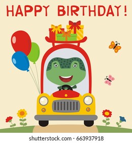 Happy birthday! Funny frog rides in car with gifts and balloons. Greeting card.