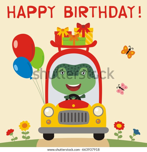 Happy birthday! Funny frog rides in car with gifts\
and balloons. Greeting\
card.