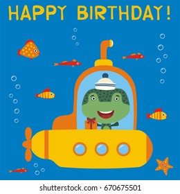Happy birthday! Funny frog in submarine with gift. Greeteng card.