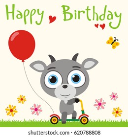 Happy birthday! Funny goat going on scooter with red balloon. Greeting card.