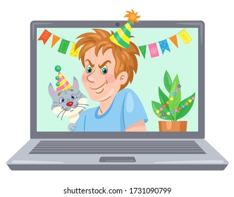 Happy birthday! Funny guy with decorated cat and flower on a laptop screen. Video chat online. Internet communication during quarantine. In cartoon style. Vector illustration.