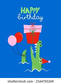 Happy Birthday - funny hand drawn doodle, cartoon crocodile. Good for Poster or t-shirt textile graphic design. Vector hand drawn illustration. Crocodile Birthday Party.