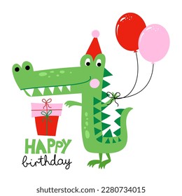 Alles Gute zum Geburtstag - lustiges handgezeichnetes Doodle, Cartoon Krokodil. Gut für Poster- oder T-Shirt-Textilgrafik-Design. Vektorgrafik, handgezeichnet. Krokodile Geburtstagsparty.