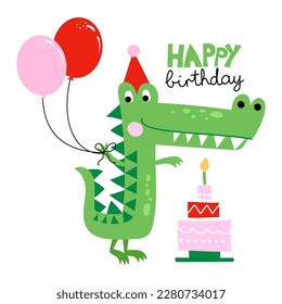 Happy Birthday - funny hand drawn doodle, cartoon crocodile. Good for Poster or t-shirt textile graphic design. Vector hand drawn illustration. Crocodile Birthday Party.