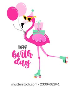 Happy Birthday - funny hand drawn doodle, cartoon flamingo. Good for Poster or t-shirt textile graphic design. Vector hand drawn illustration. Flamingo Birthday Party.